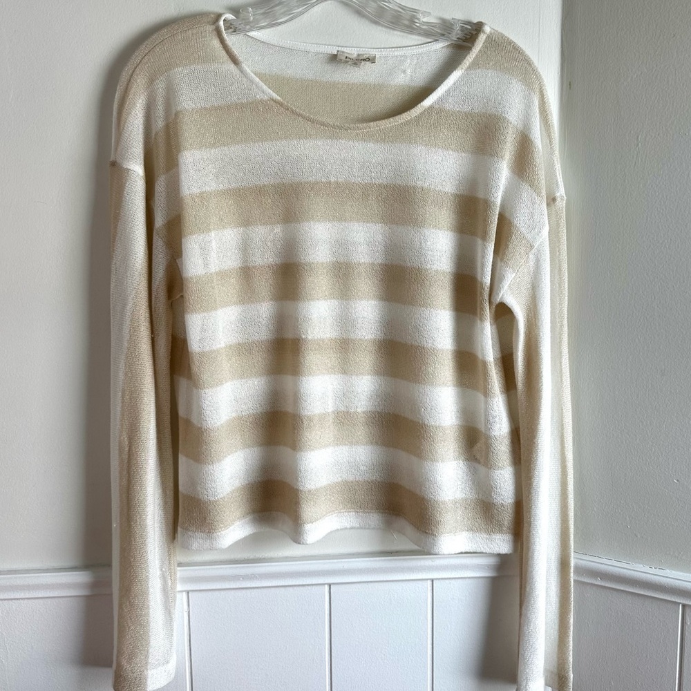 Pilcro Cream and Tan Striped Crew Neck Long Sleeve Top Women’s Medium Neutral